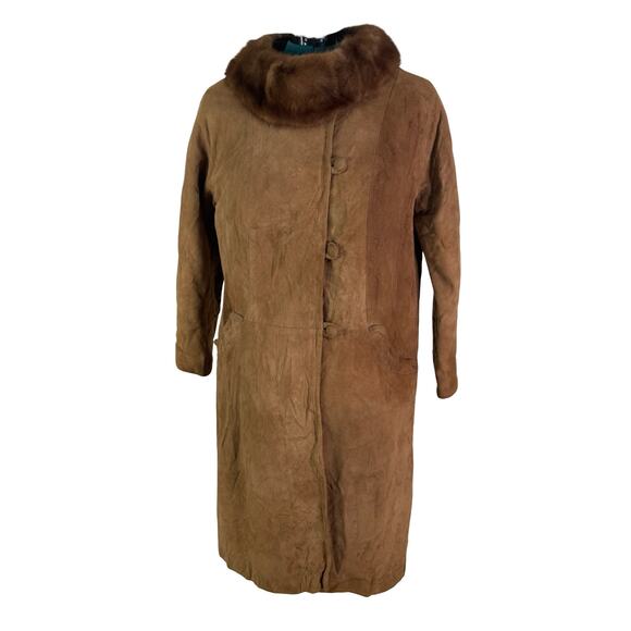 Vintage Brown Suede Coat with Dark Mink Fur Collar XS–S - Picture 1 of 16
